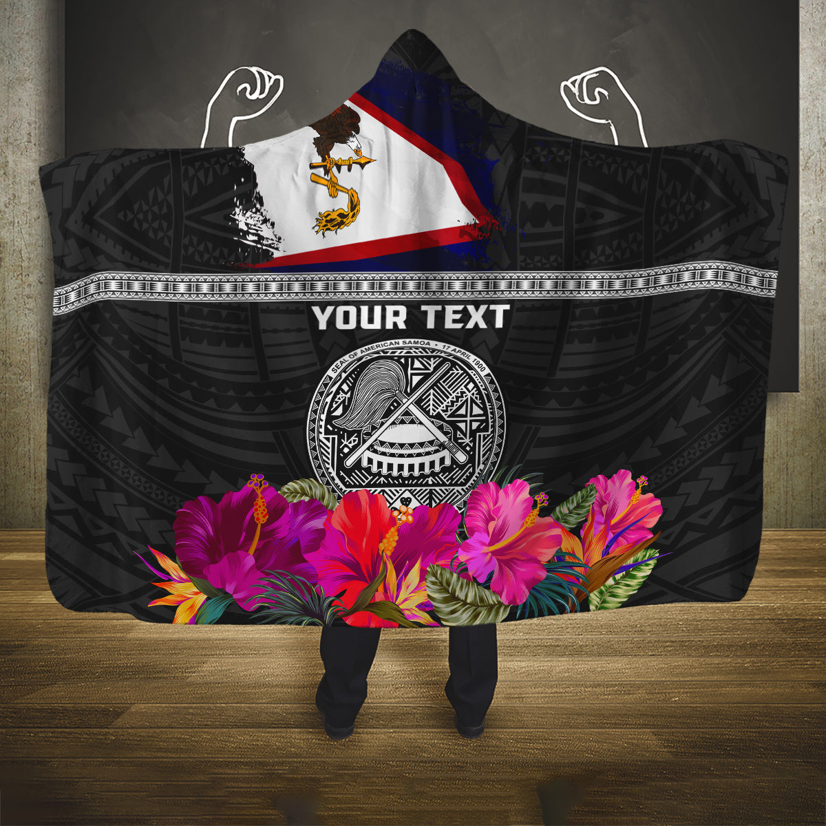 Personalized American Samoa Flag Day Hooded Blanket Tanoa and Fue mix Hibiscus Flower Polynesian Pattern LT03 One Size Black - Polynesian Pride