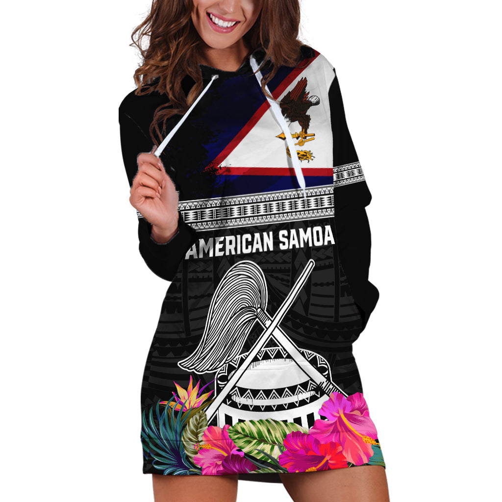 Personalized American Samoa Flag Day Hoodie Dress Tanoa and Fue mix Hibiscus Flower Polynesian Pattern LT03 Black - Polynesian Pride