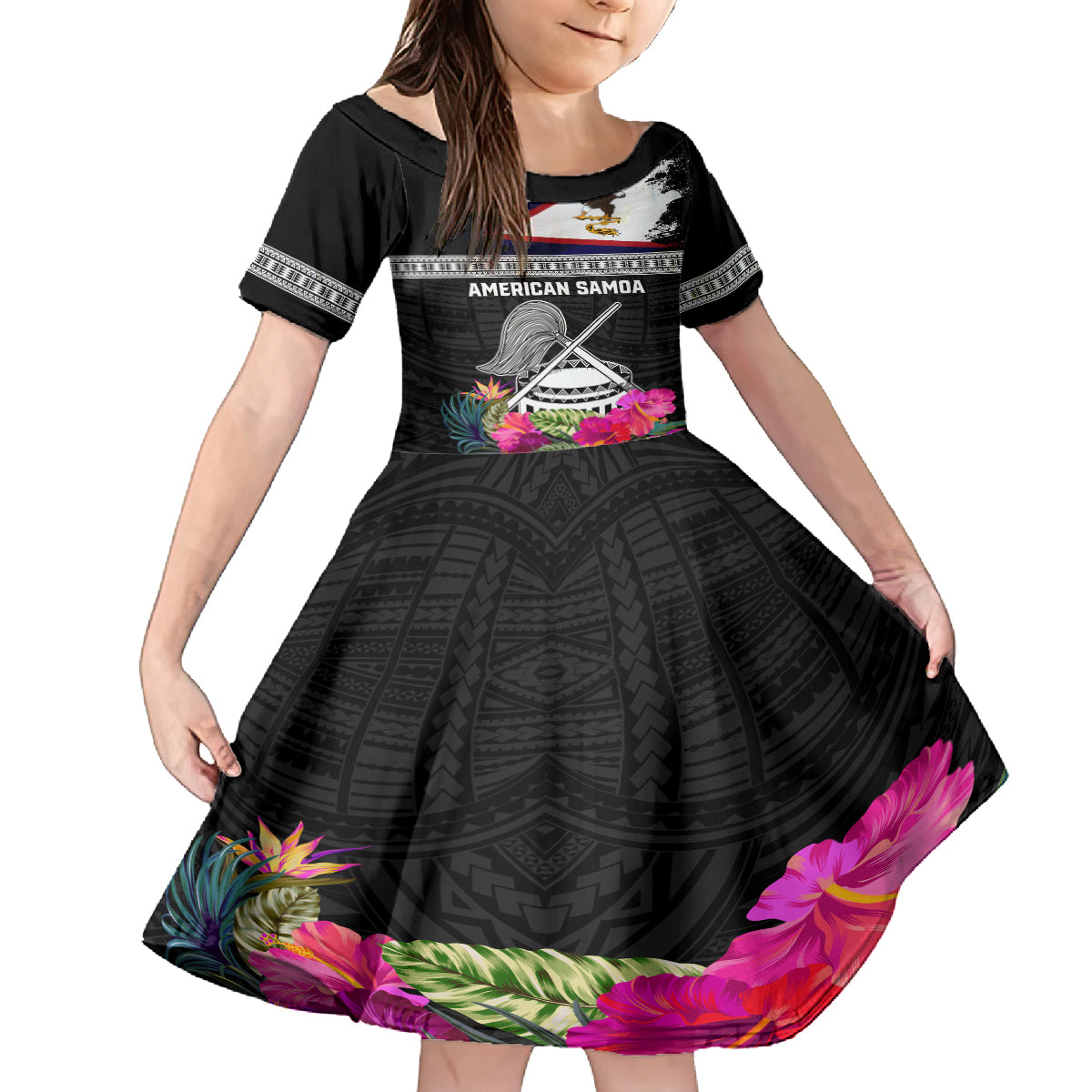 Personalized American Samoa Flag Day Kid Short Sleeve Dress Tanoa and Fue mix Hibiscus Flower Polynesian Pattern LT03 KID Black - Polynesian Pride