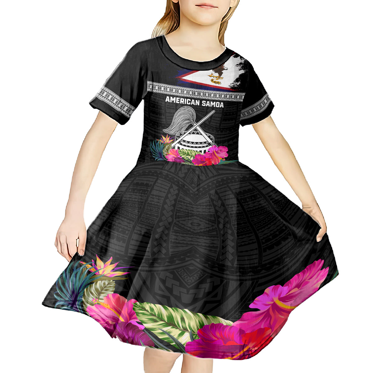 Personalized American Samoa Flag Day Kid Short Sleeve Dress Tanoa and Fue mix Hibiscus Flower Polynesian Pattern LT03 - Polynesian Pride