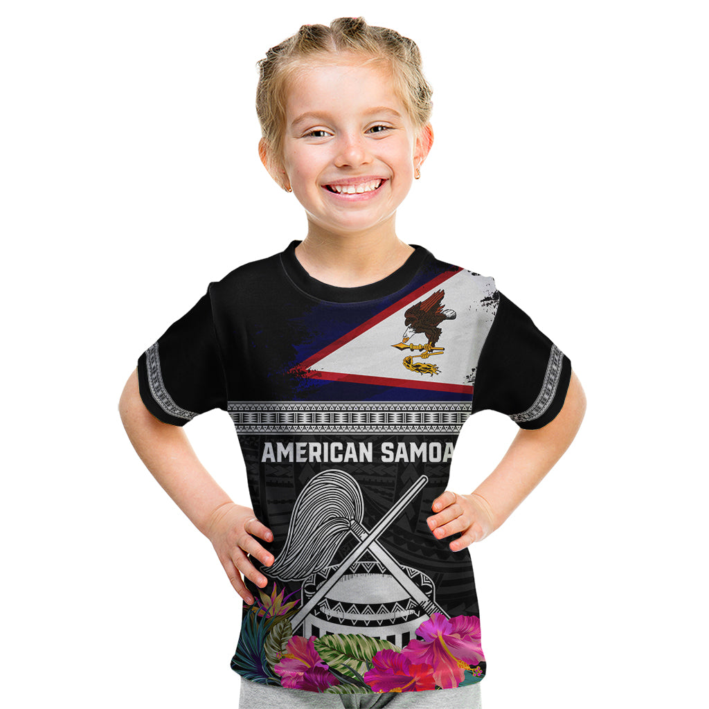 Personalized American Samoa Flag Day Kid T Shirt Tanoa and Fue mix Hibiscus Flower Polynesian Pattern