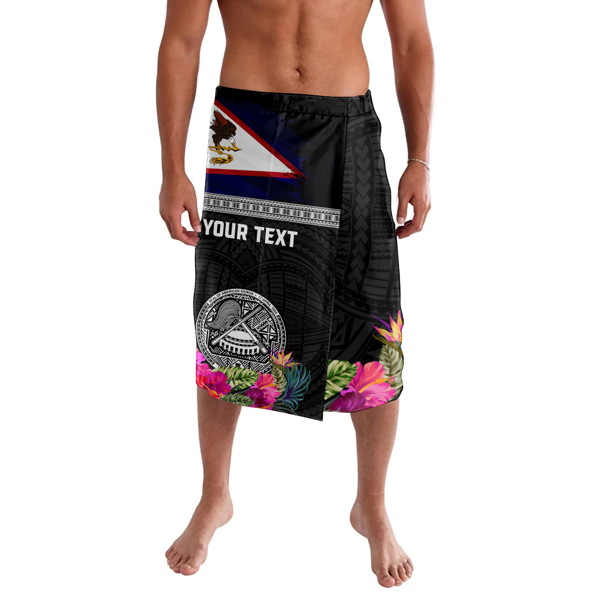 Personalized American Samoa Flag Day Lavalava Tanoa and Fue mix Hibiscus Flower Polynesian Pattern LT03 Black - Polynesian Pride