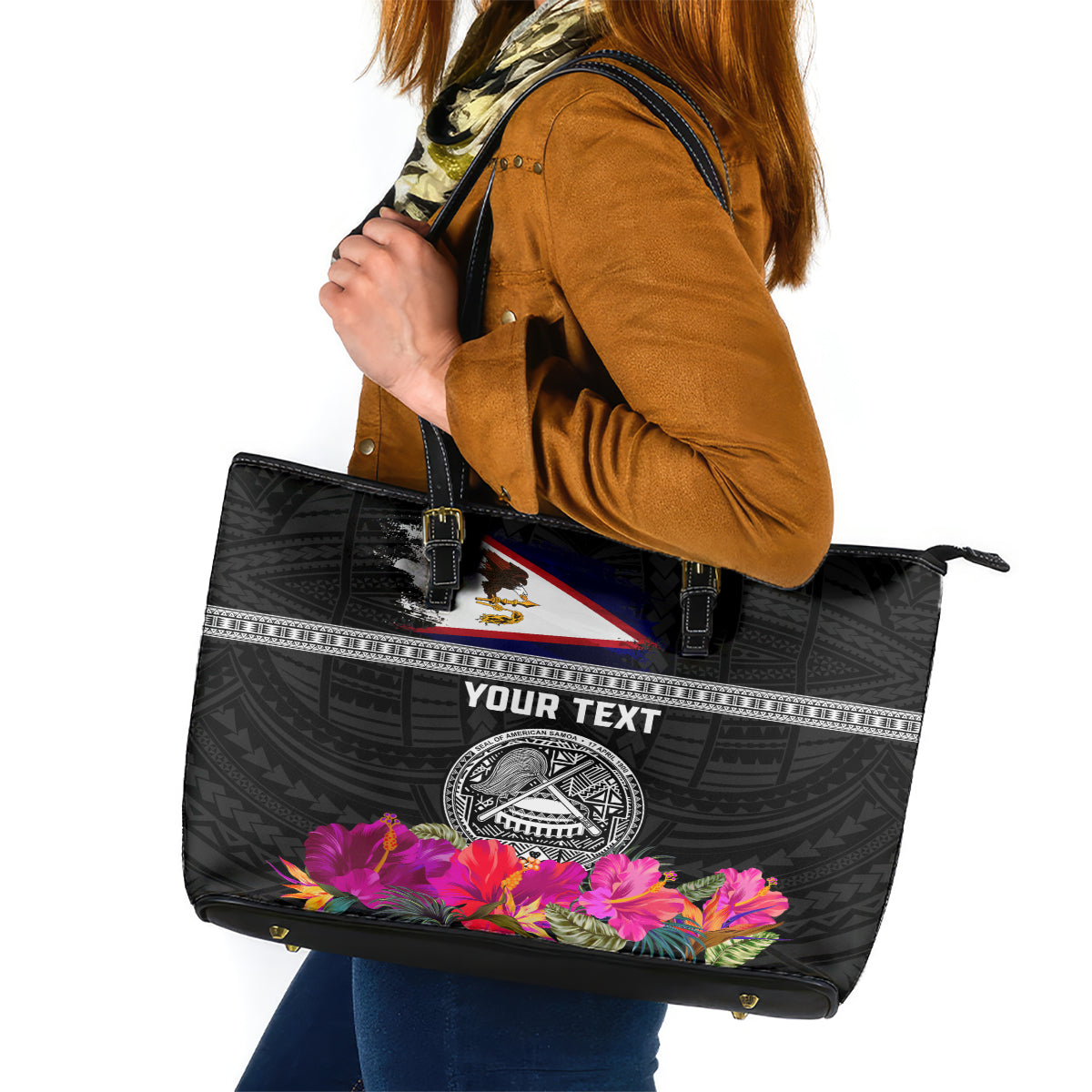 Personalized American Samoa Flag Day Leather Tote Bag Tanoa and Fue mix Hibiscus Flower Polynesian Pattern LT03 Black - Polynesian Pride