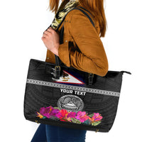 Personalized American Samoa Flag Day Leather Tote Bag Tanoa and Fue mix Hibiscus Flower Polynesian Pattern LT03 Black - Polynesian Pride
