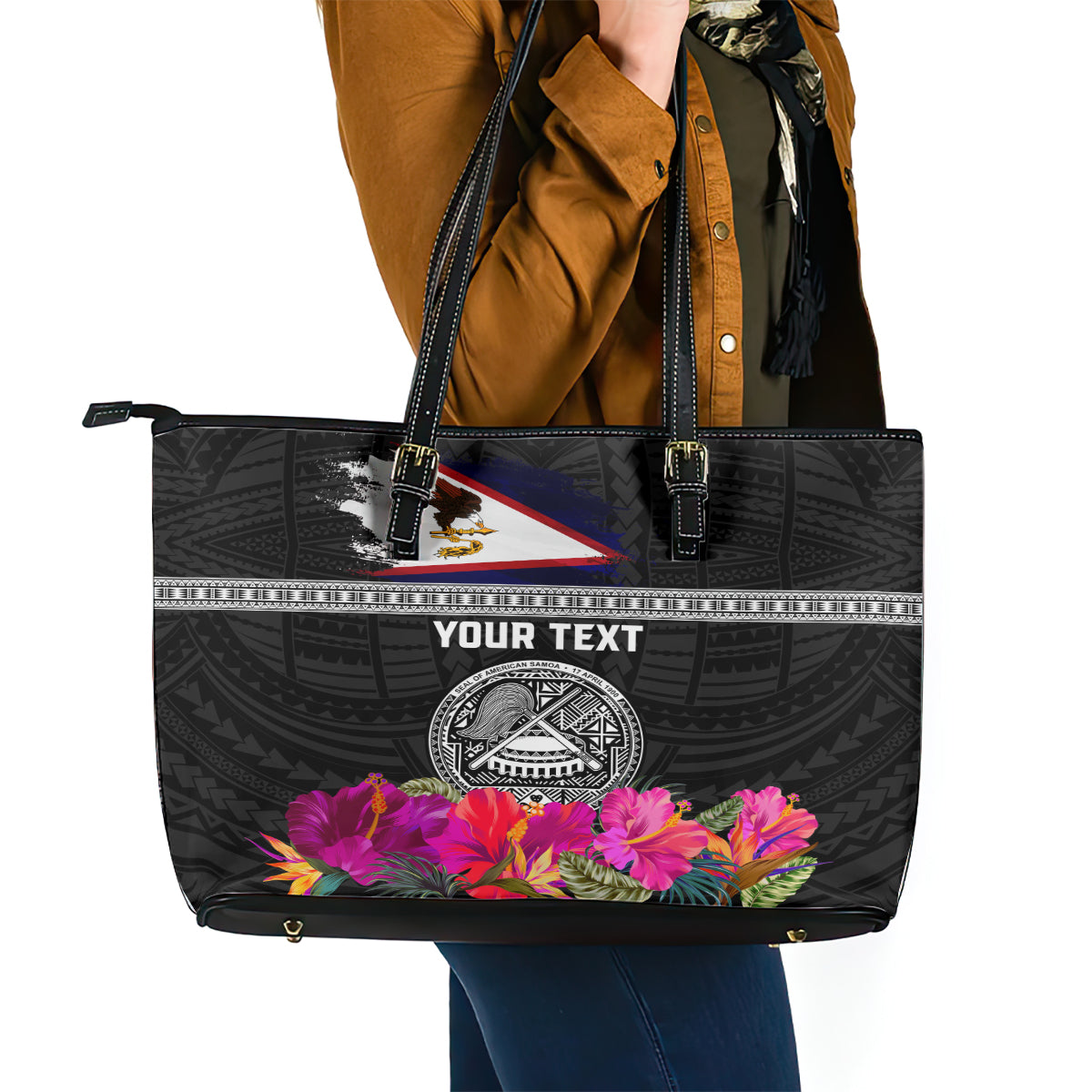 Personalized American Samoa Flag Day Leather Tote Bag Tanoa and Fue mix Hibiscus Flower Polynesian Pattern LT03 - Polynesian Pride