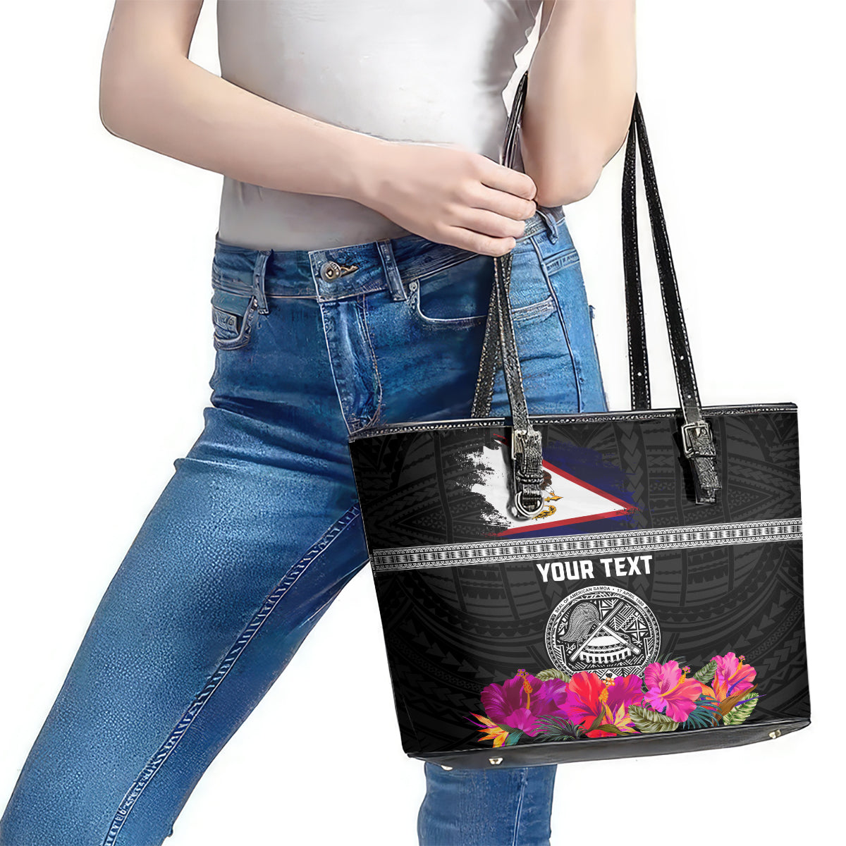 Personalized American Samoa Flag Day Leather Tote Bag Tanoa and Fue mix Hibiscus Flower Polynesian Pattern LT03 - Polynesian Pride