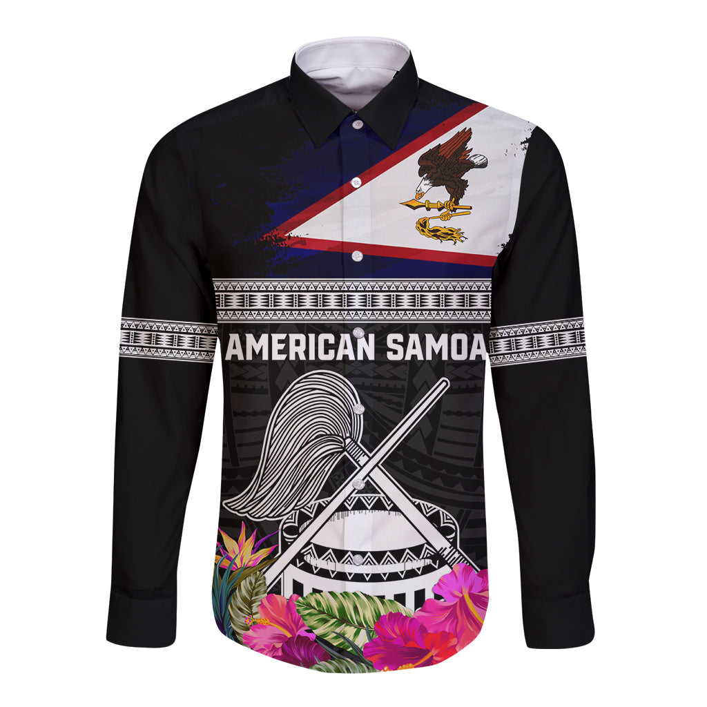 Personalized American Samoa Flag Day Long Sleeve Button Shirt Tanoa and Fue mix Hibiscus Flower Polynesian Pattern