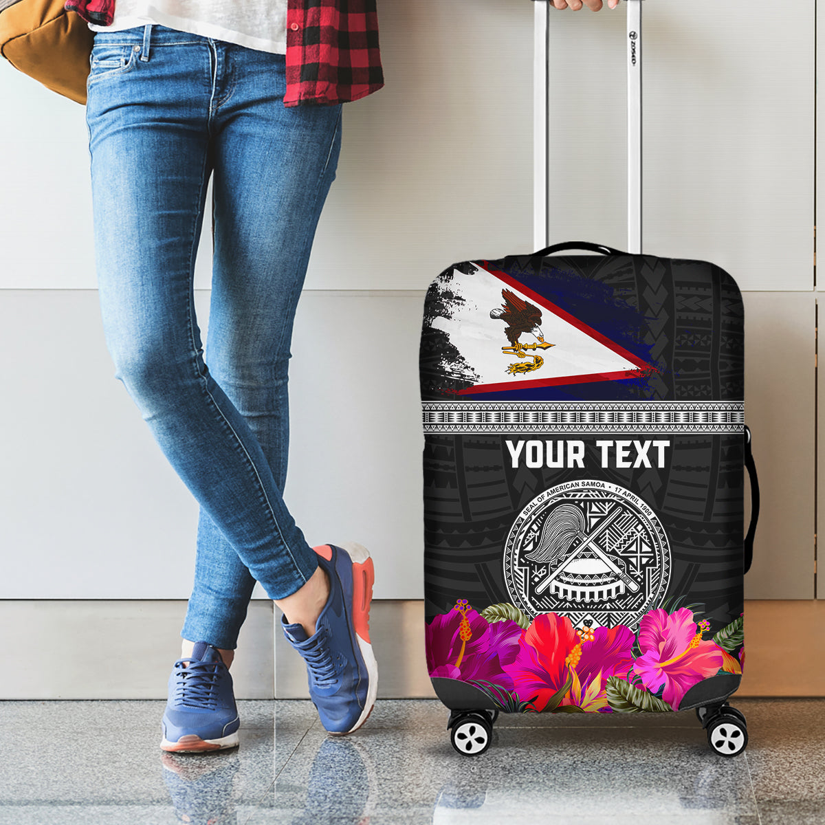 Personalized American Samoa Flag Day Luggage Cover Tanoa and Fue mix Hibiscus Flower Polynesian Pattern