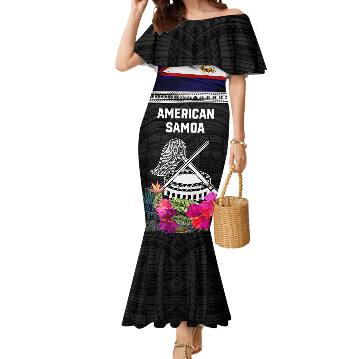 Personalized American Samoa Flag Day Mermaid Dress Tanoa and Fue mix Hibiscus Flower Polynesian Pattern