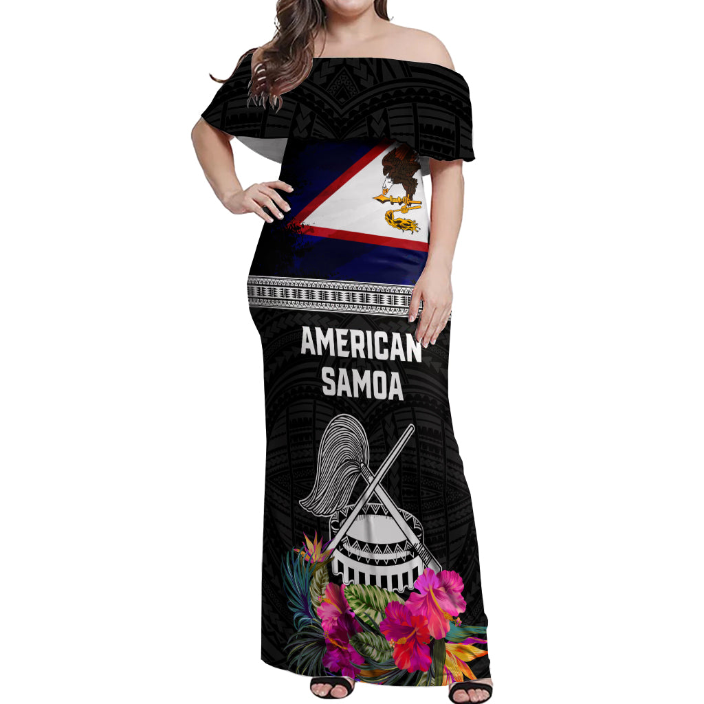 Personalized American Samoa Flag Day Off Shoulder Maxi Dress Tanoa and Fue mix Hibiscus Flower Polynesian Pattern LT03 Women Black - Polynesian Pride