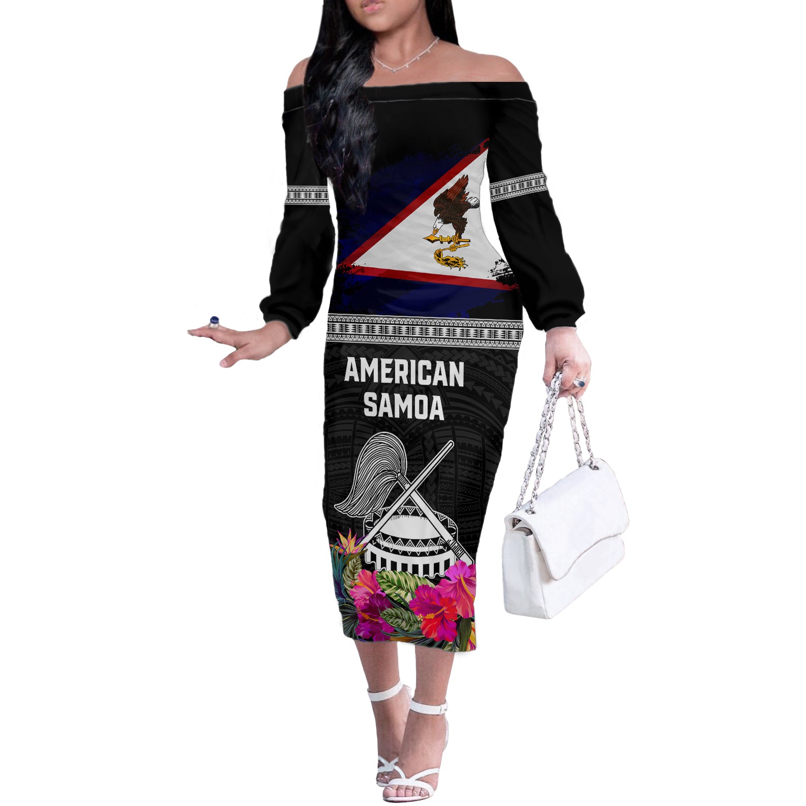 Personalized American Samoa Flag Day Off The Shoulder Long Sleeve Dress Tanoa and Fue mix Hibiscus Flower Polynesian Pattern