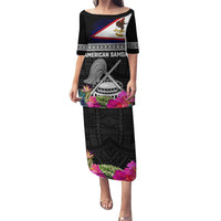 Personalized American Samoa Flag Day Puletasi Tanoa and Fue mix Hibiscus Flower Polynesian Pattern LT03 Long Dress Black - Polynesian Pride