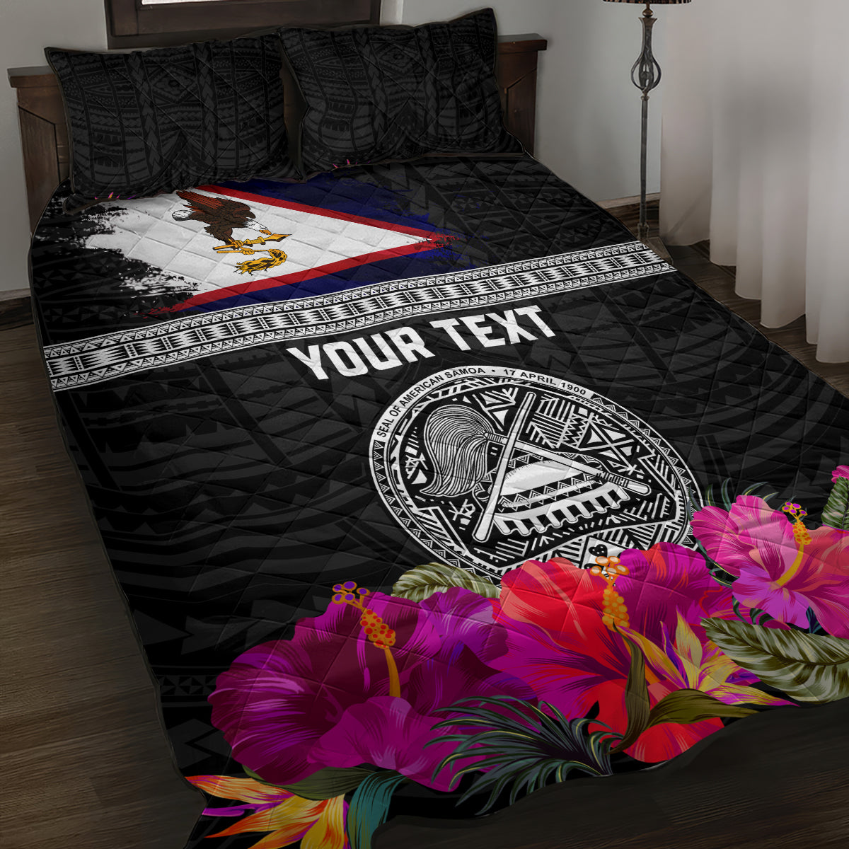Personalized American Samoa Flag Day Quilt Bed Set Tanoa and Fue mix Hibiscus Flower Polynesian Pattern LT03 Black - Polynesian Pride