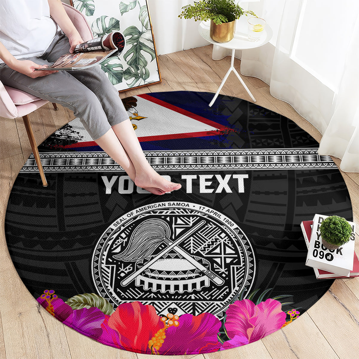 Personalized American Samoa Flag Day Round Carpet Tanoa and Fue mix Hibiscus Flower Polynesian Pattern