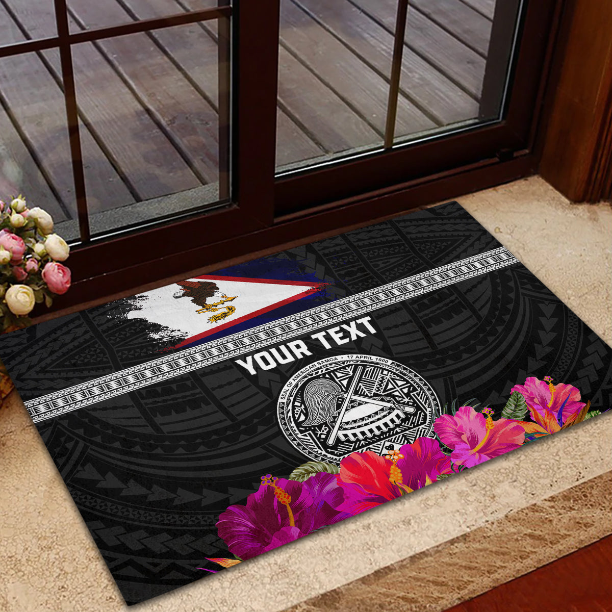Personalized American Samoa Flag Day Rubber Doormat Tanoa and Fue mix Hibiscus Flower Polynesian Pattern LT03 - Polynesian Pride