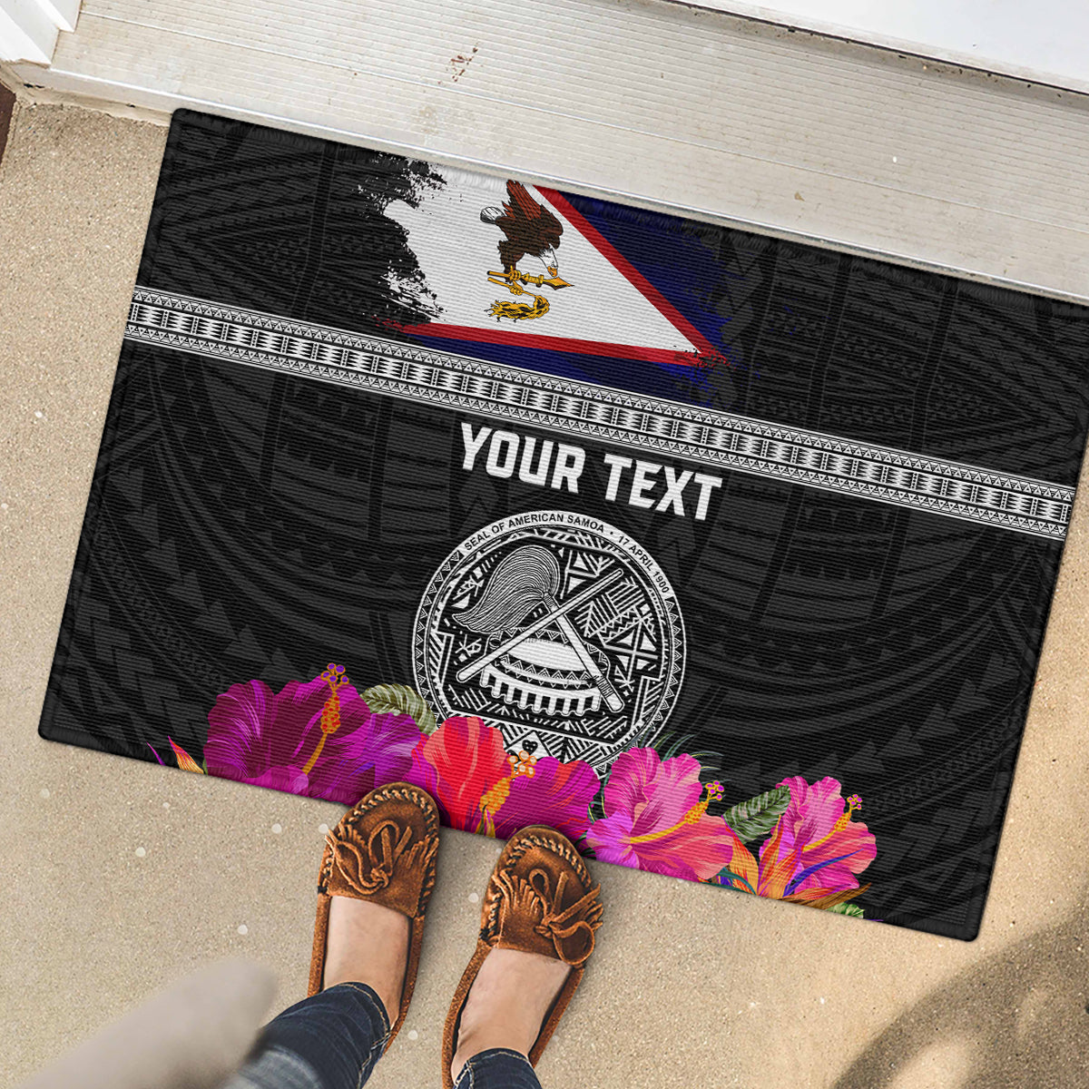 Personalized American Samoa Flag Day Rubber Doormat Tanoa and Fue mix Hibiscus Flower Polynesian Pattern LT03 - Polynesian Pride