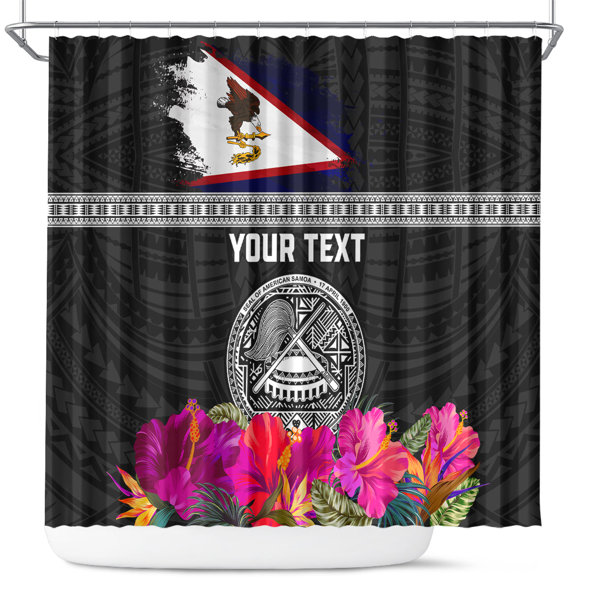 Personalized American Samoa Flag Day Shower Curtain Tanoa and Fue mix Hibiscus Flower Polynesian Pattern