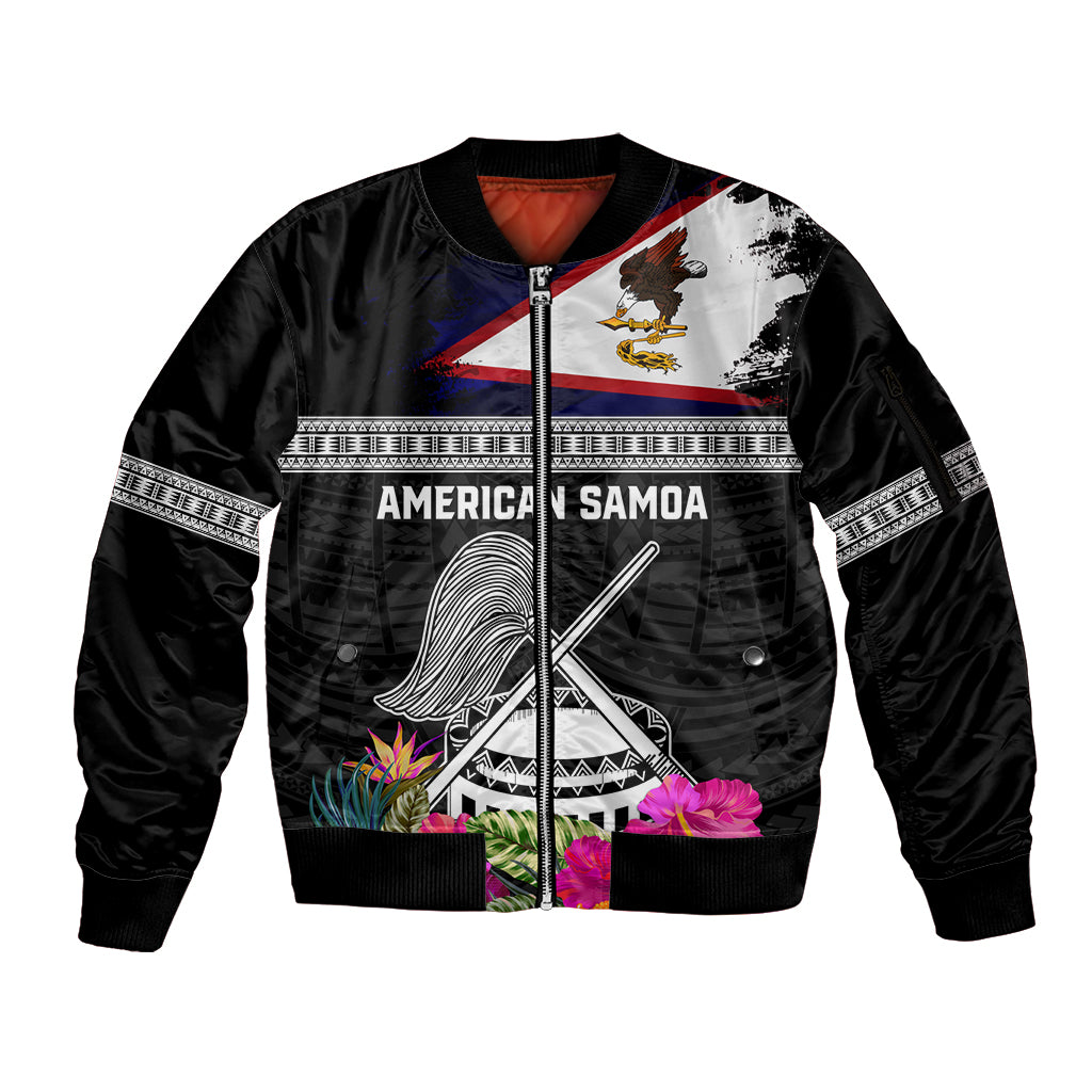 Personalized American Samoa Flag Day Sleeve Zip Bomber Jacket Tanoa and Fue mix Hibiscus Flower Polynesian Pattern LT03 Unisex Black - Polynesian Pride