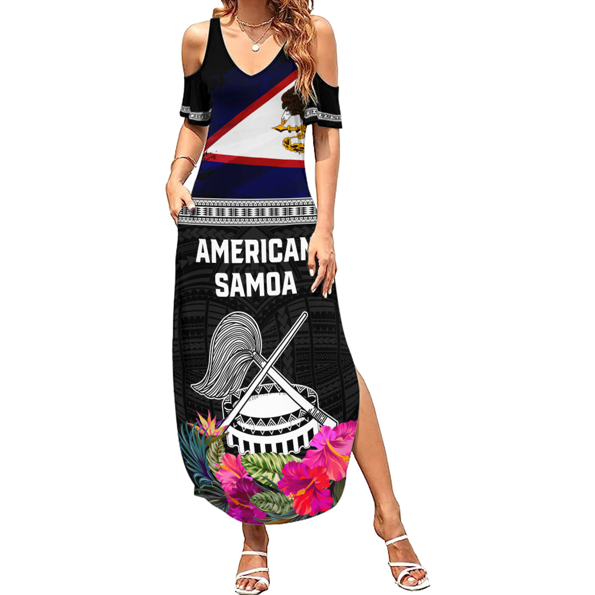 Personalized American Samoa Flag Day Summer Maxi Dress Tanoa and Fue mix Hibiscus Flower Polynesian Pattern