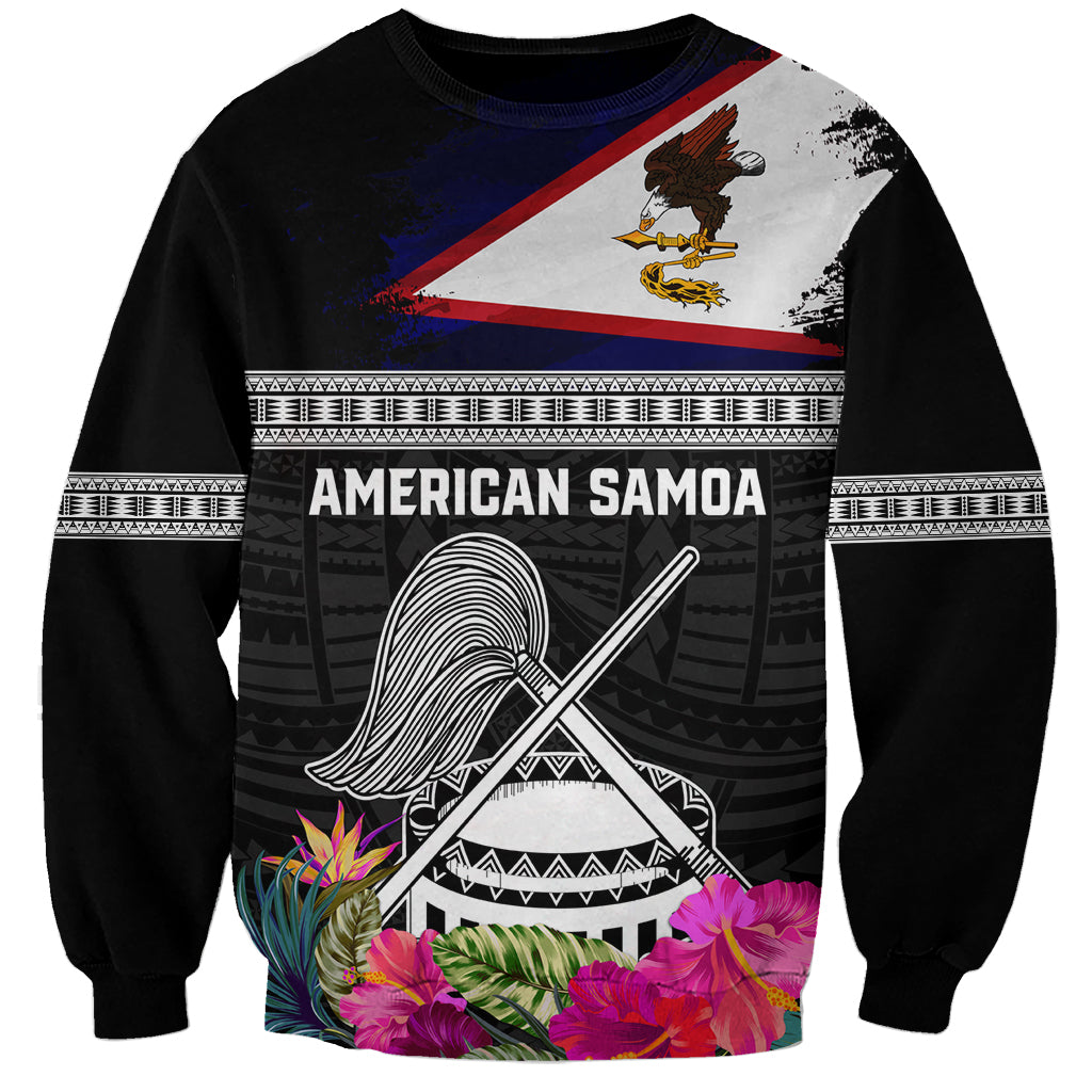 Personalized American Samoa Flag Day Sweatshirt Tanoa and Fue mix Hibiscus Flower Polynesian Pattern LT03 Unisex Black - Polynesian Pride