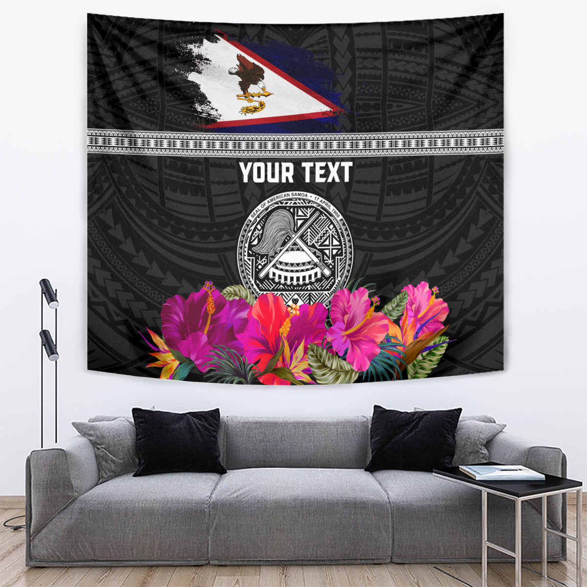 Personalized American Samoa Flag Day Tapestry Tanoa and Fue mix Hibiscus Flower Polynesian Pattern LT03 Black - Polynesian Pride