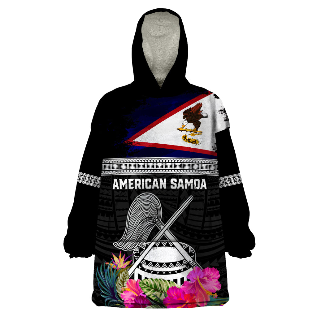 Personalized American Samoa Flag Day Wearable Blanket Hoodie Tanoa and Fue mix Hibiscus Flower Polynesian Pattern