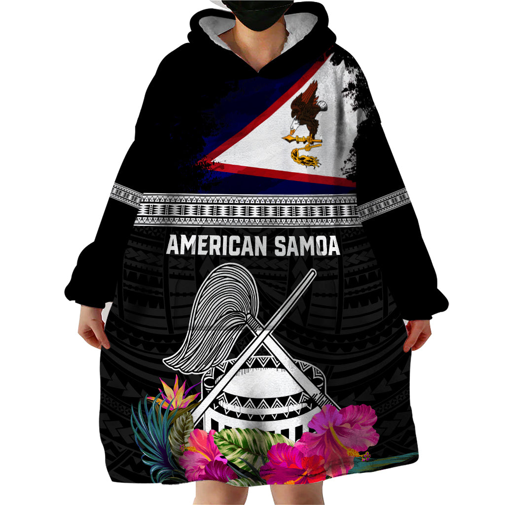 Personalized American Samoa Flag Day Wearable Blanket Hoodie Tanoa and Fue mix Hibiscus Flower Polynesian Pattern LT03 - Polynesian Pride