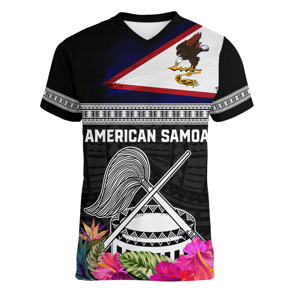 Personalized American Samoa Flag Day Women V Neck T Shirt Tanoa and Fue mix Hibiscus Flower Polynesian Pattern