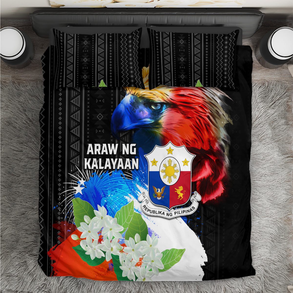 Philippines Independence Day Bedding Set Philippines Eagle and Sampaguita Jasmine Yakan Tribal