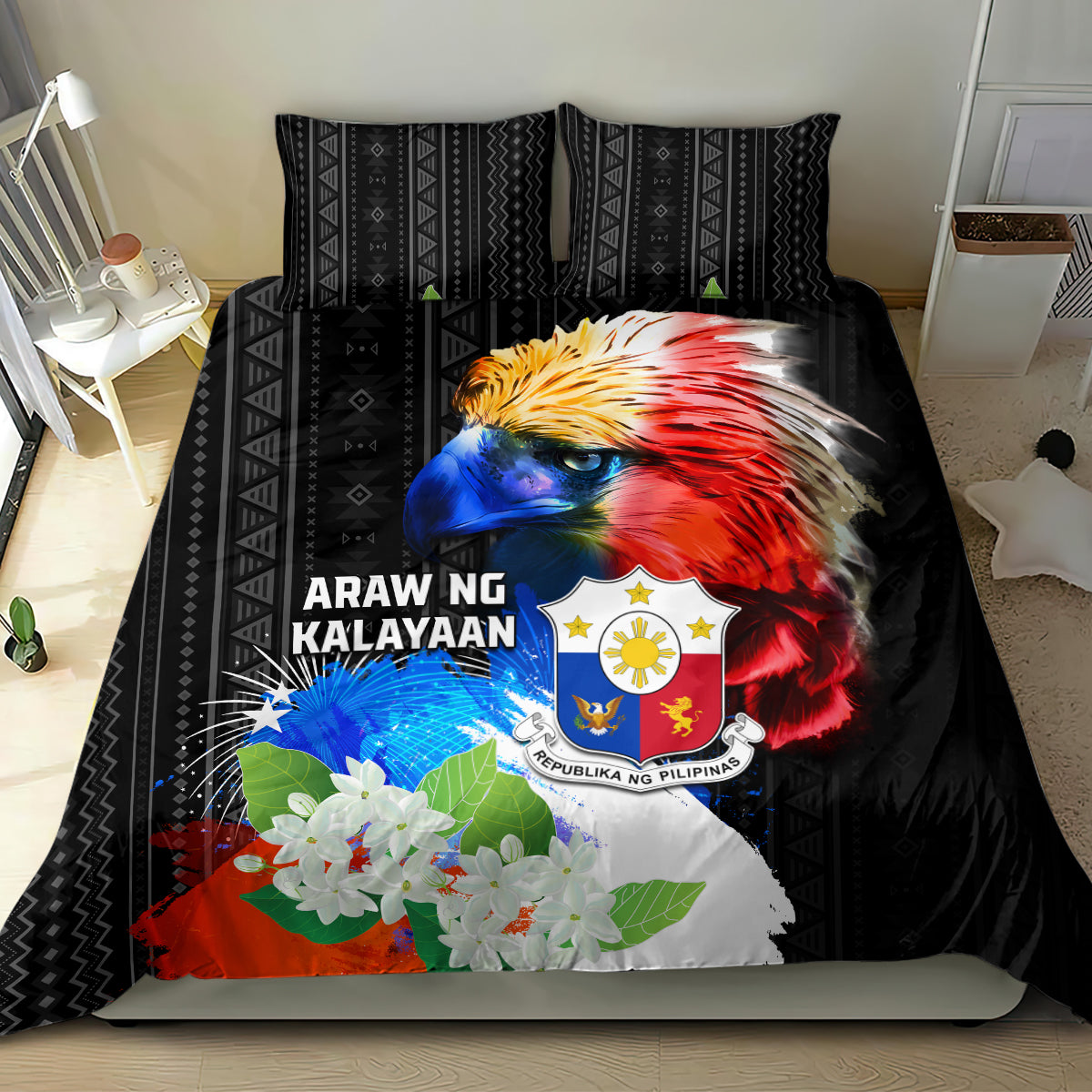 Philippines Independence Day Bedding Set Philippines Eagle and Sampaguita Jasmine Yakan Tribal