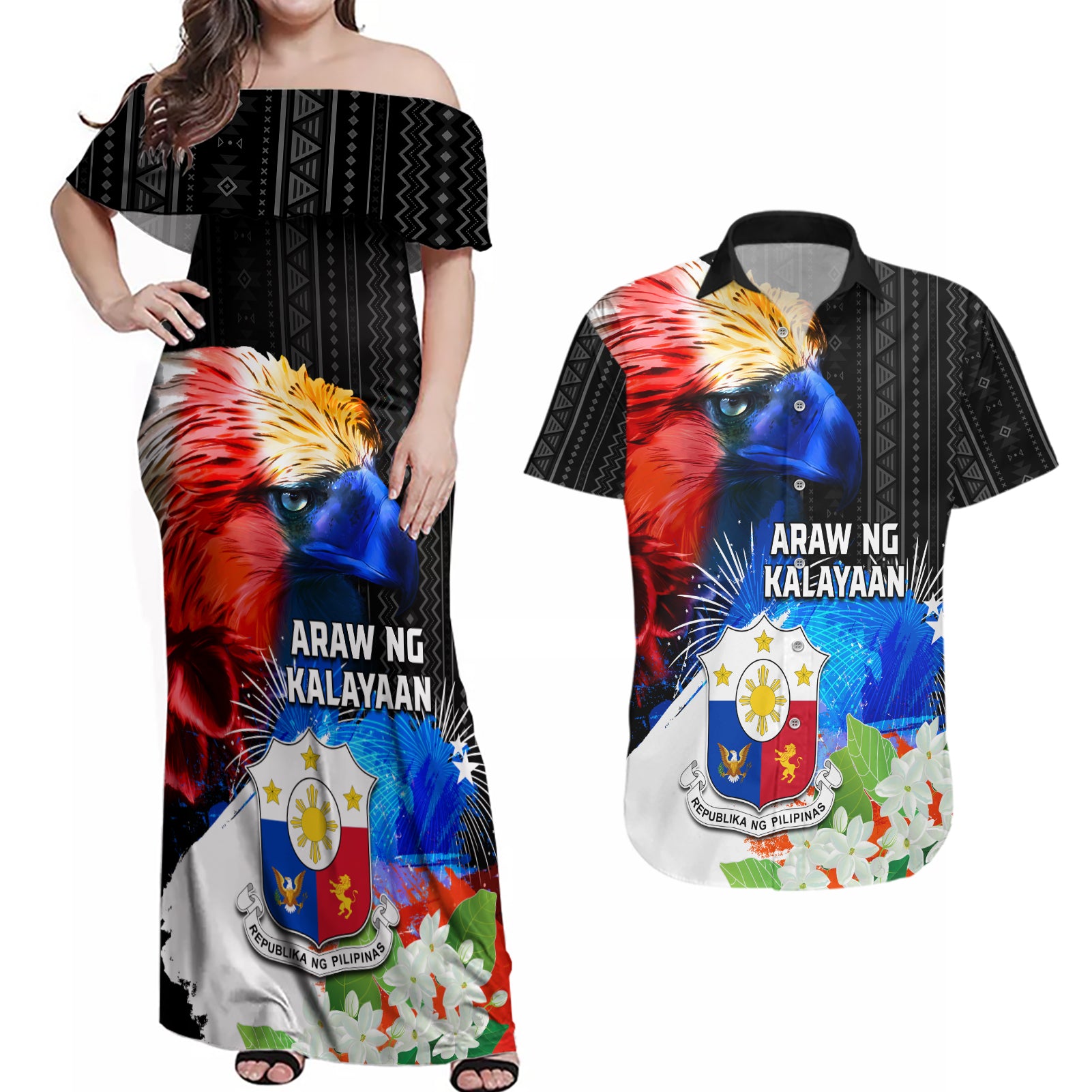 Philippines Independence Day Couples Matching Off Shoulder Maxi Dress and Hawaiian Shirt Philippines Eagle and Sampaguita Jasmine Yakan Tribal