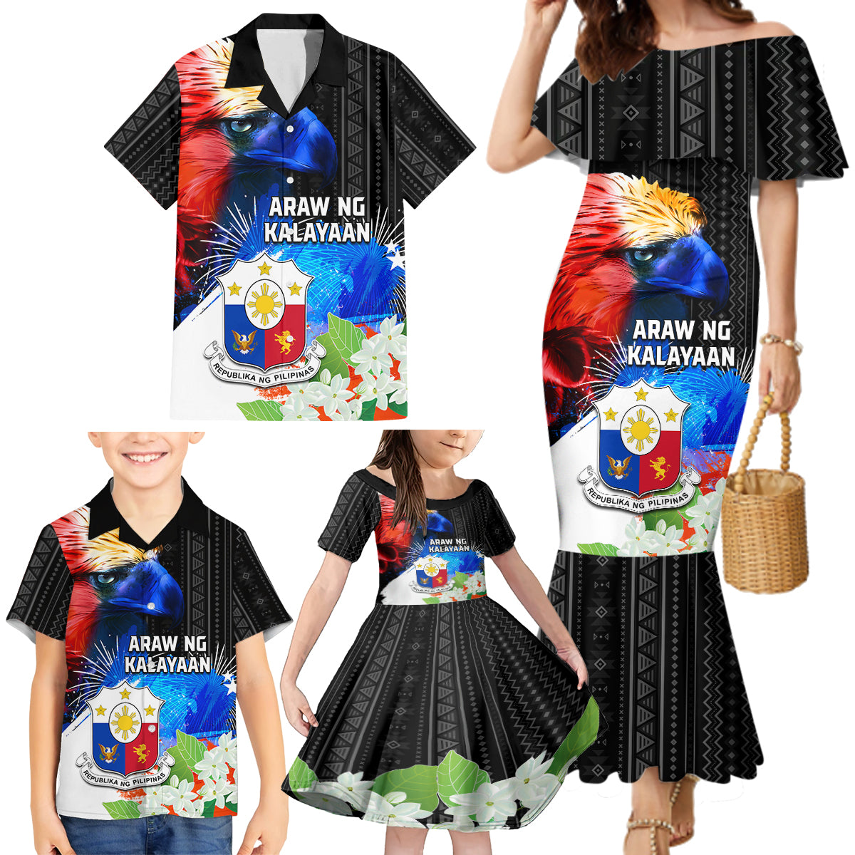 Philippines Independence Day Family Matching Mermaid Dress and Hawaiian Shirt Philippines Eagle and Sampaguita Jasmine Yakan Tribal