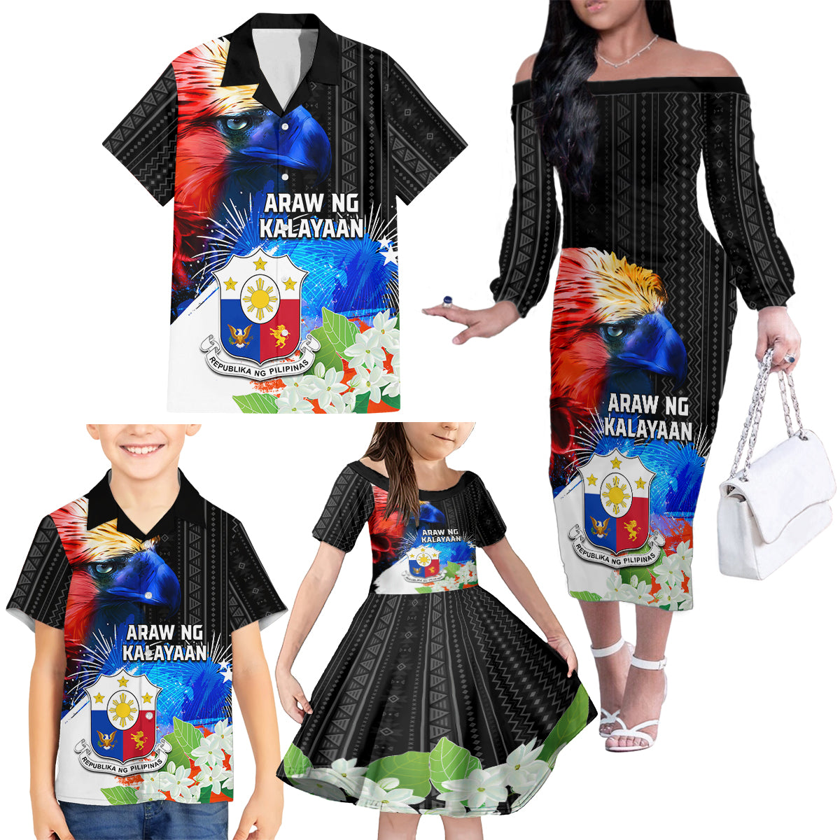 Philippines Independence Day Family Matching Off The Shoulder Long Sleeve Dress and Hawaiian Shirt Philippines Eagle and Sampaguita Jasmine Yakan Tribal