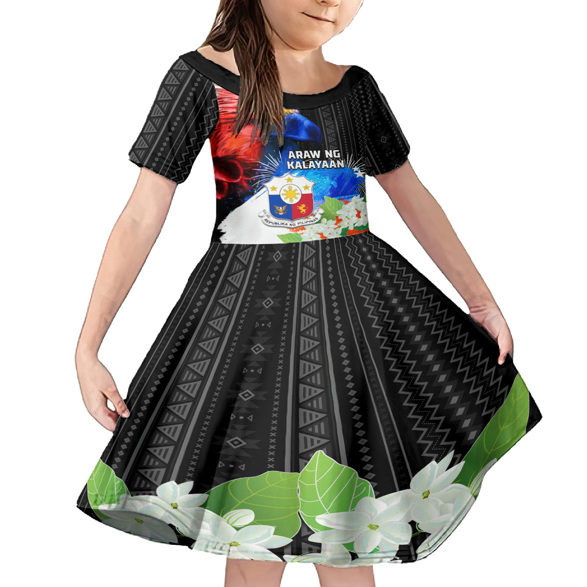 Philippines Independence Day Kid Short Sleeve Dress Philippines Eagle and Sampaguita Jasmine Yakan Tribal LT03 KID Black - Polynesian Pride