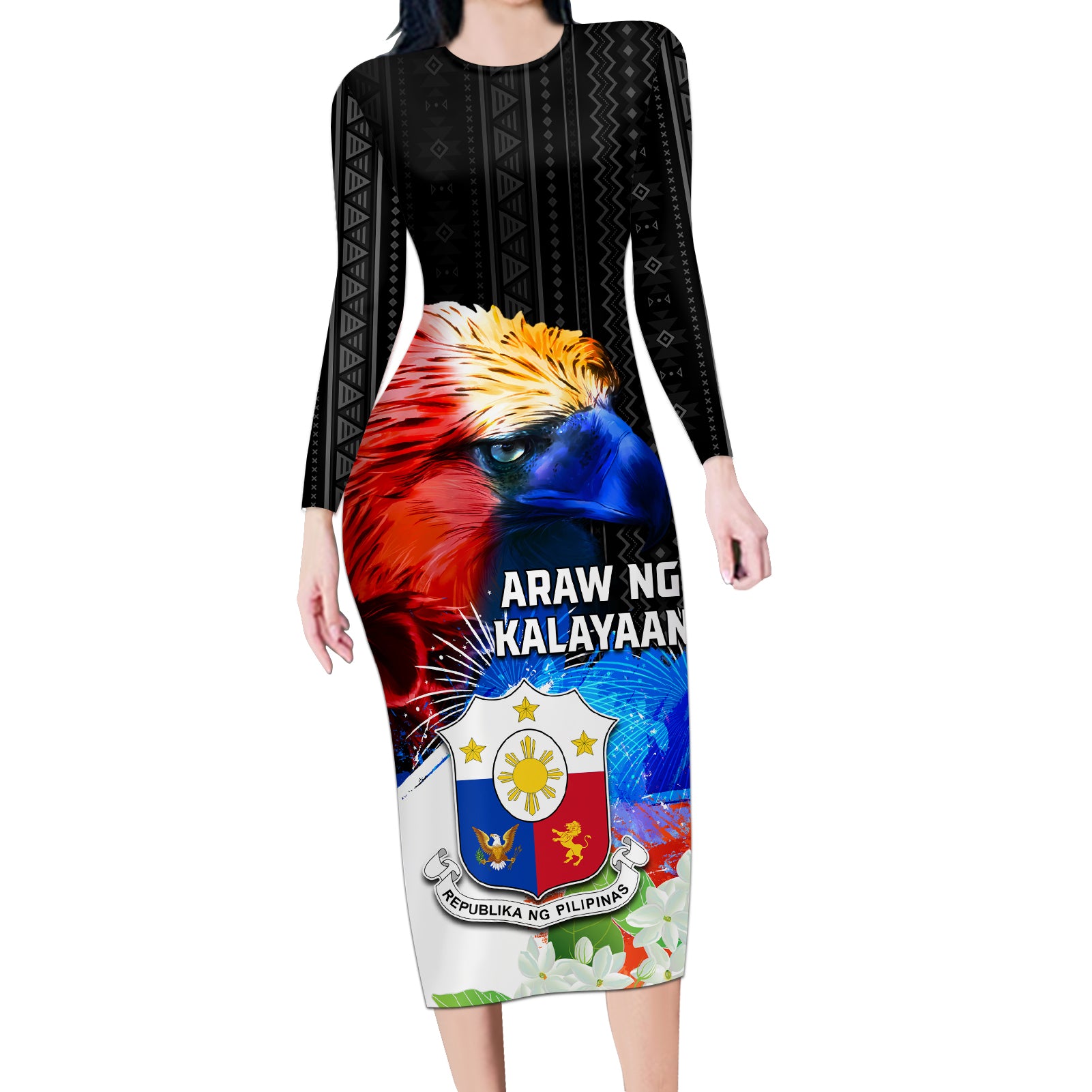 Philippines Independence Day Long Sleeve Bodycon Dress Philippines Eagle and Sampaguita Jasmine Yakan Tribal