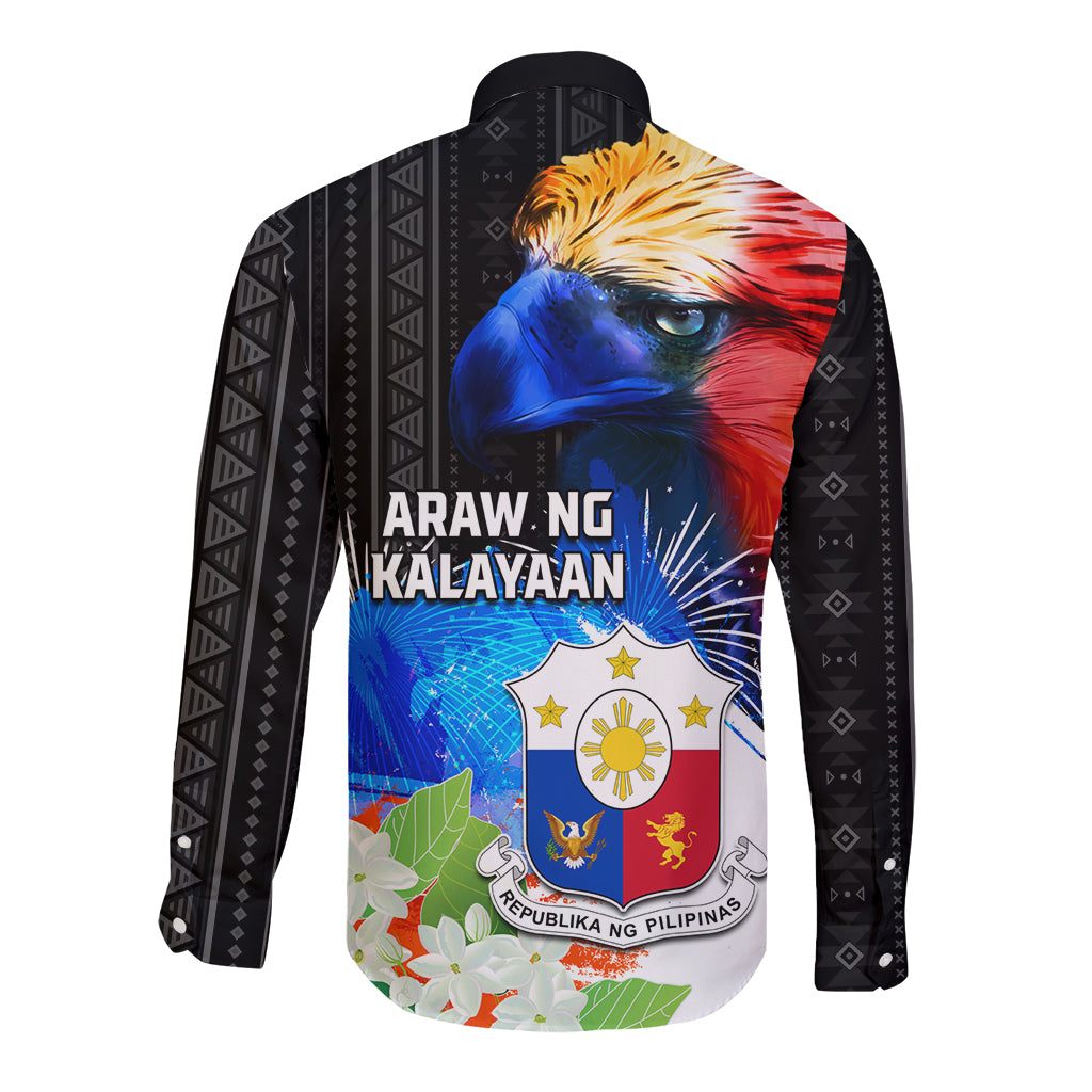Philippines Independence Day Long Sleeve Button Shirt Philippines Eagle and Sampaguita Jasmine Yakan Tribal
