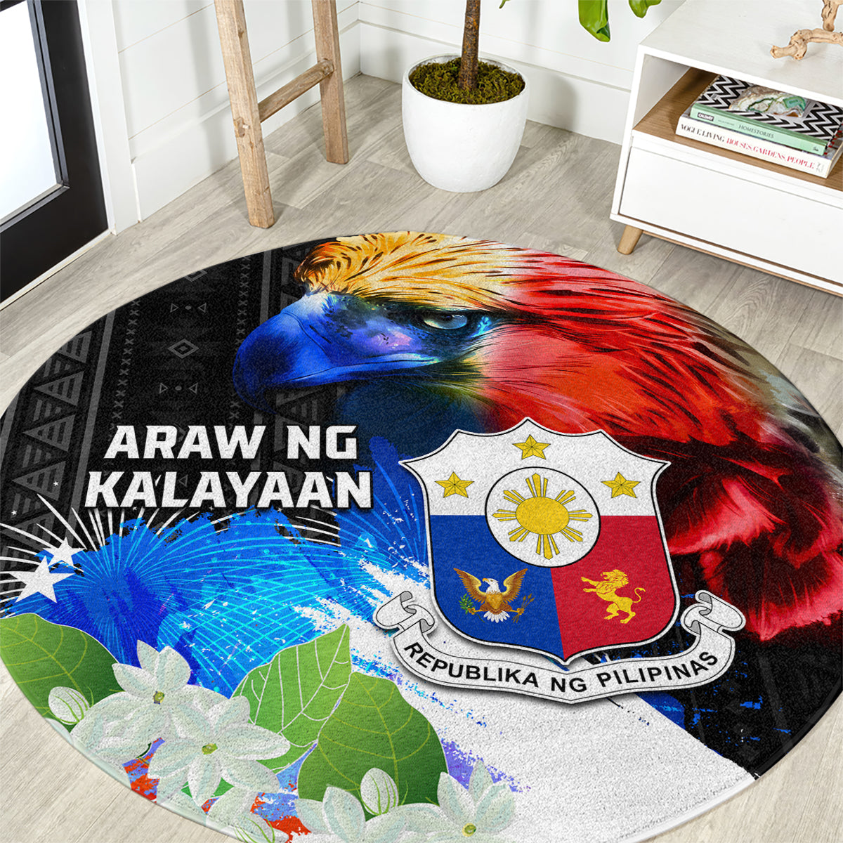 Philippines Independence Day Round Carpet Philippines Eagle and Sampaguita Jasmine Yakan Tribal