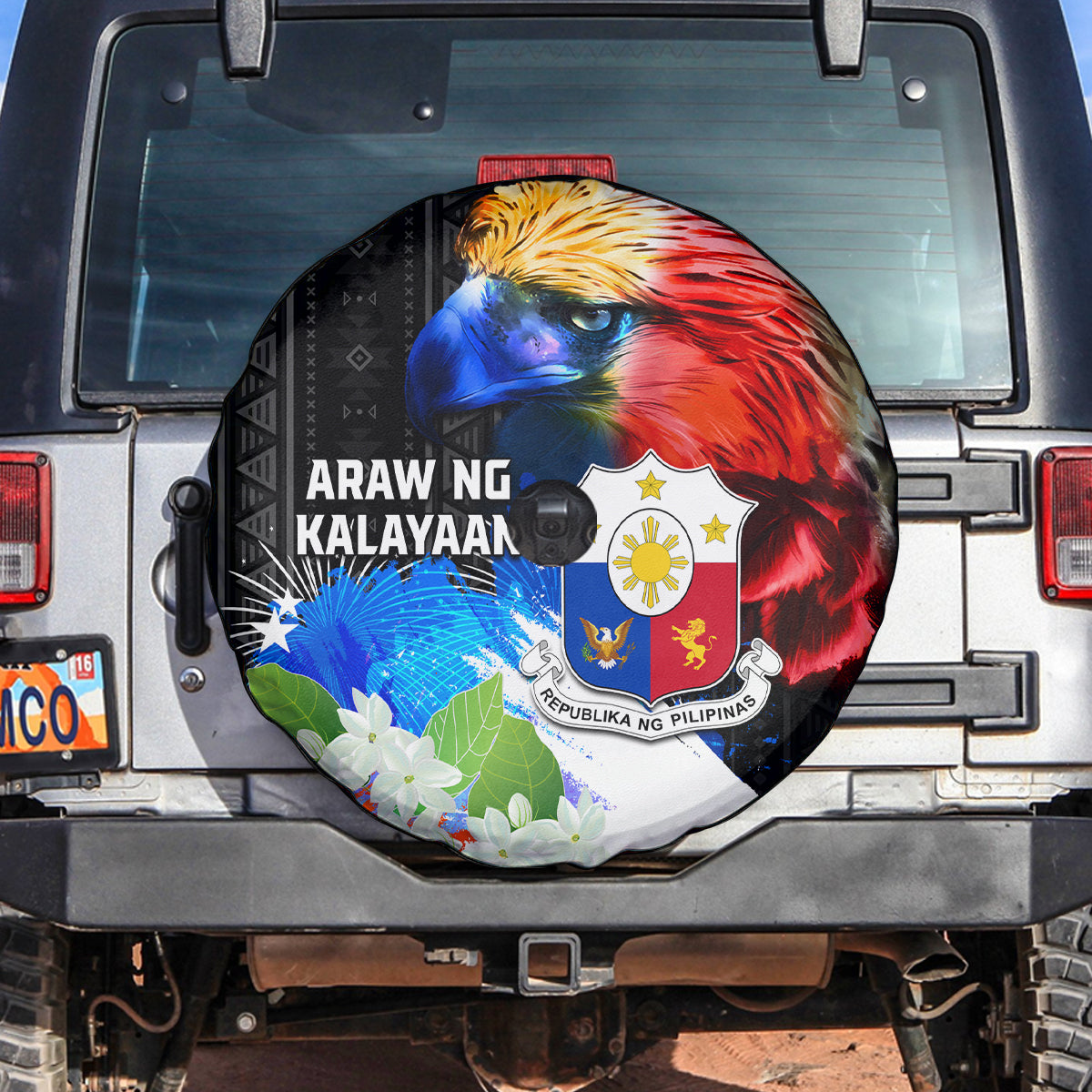 Philippines Independence Day Spare Tire Cover Philippines Eagle and Sampaguita Jasmine Yakan Tribal