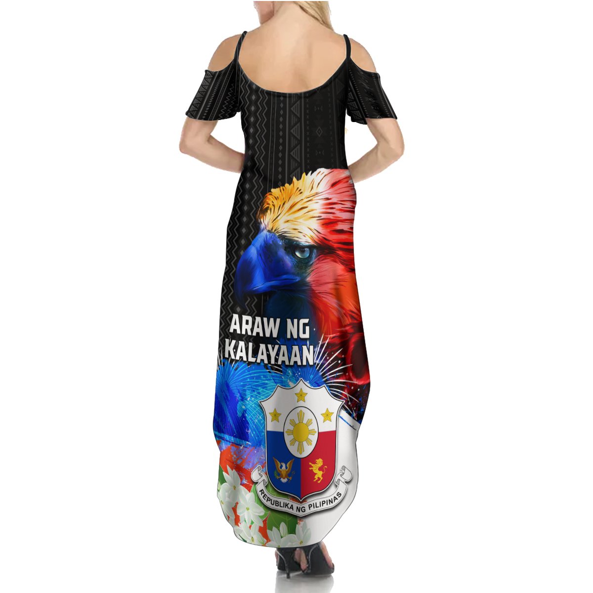 Philippines Independence Day Summer Maxi Dress Philippines Eagle and Sampaguita Jasmine Yakan Tribal LT03 - Polynesian Pride