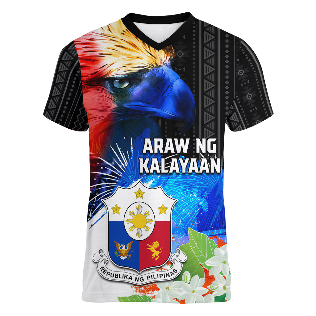 Philippines Independence Day Women V Neck T Shirt Philippines Eagle and Sampaguita Jasmine Yakan Tribal