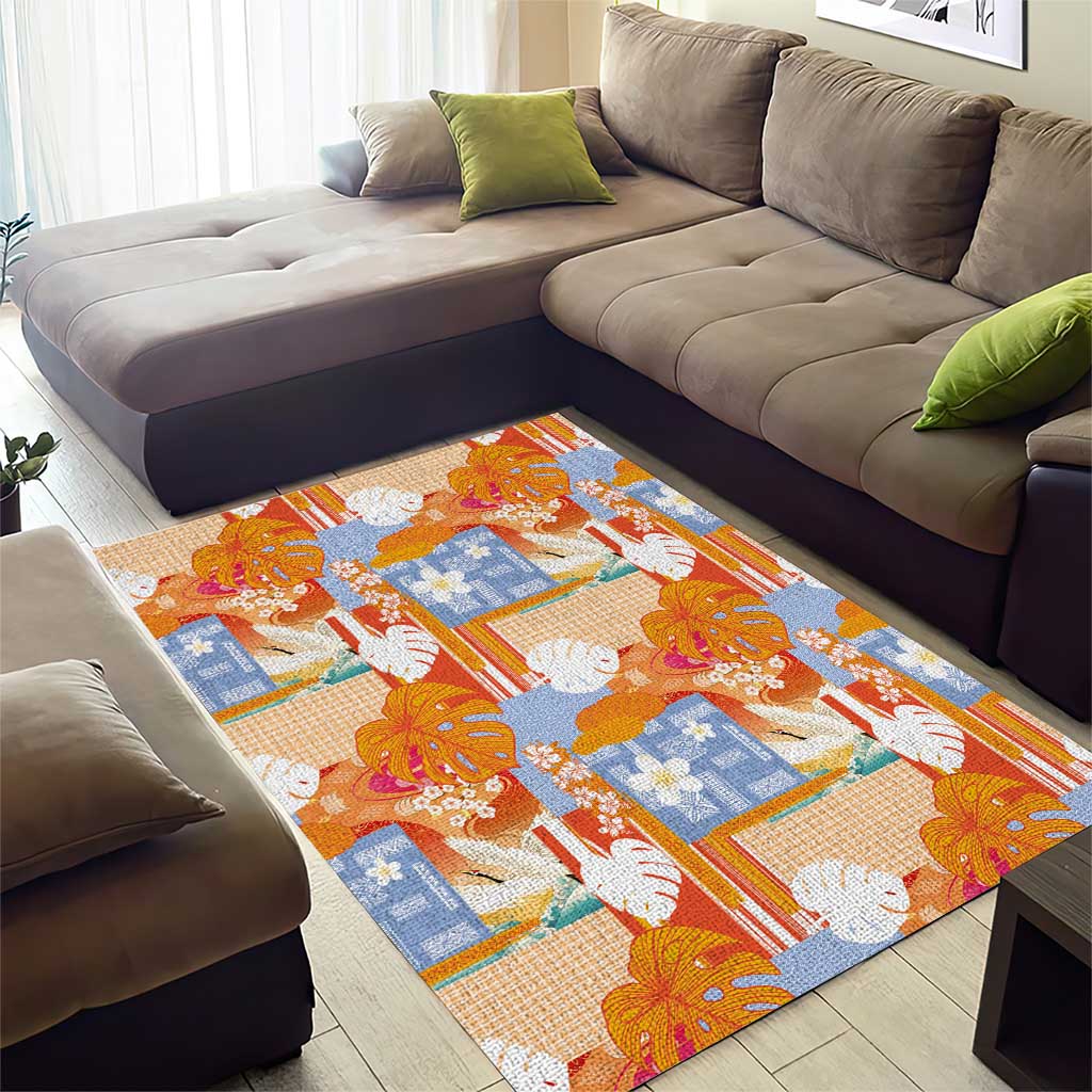 Hawaiian and Japanese Culture Together Area Rug Palaka Japanese Art and Tropical Motif Tribal Patchwork