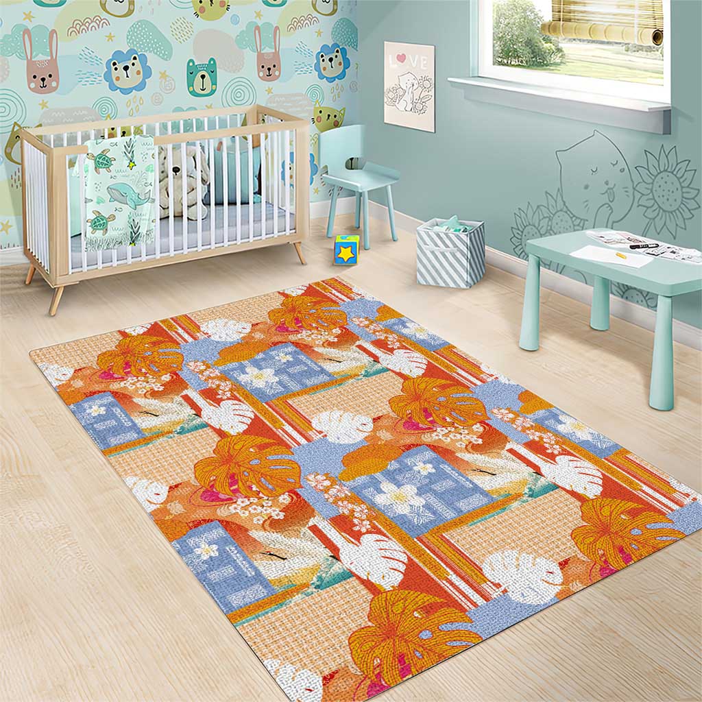 Hawaiian and Japanese Culture Together Area Rug Palaka Japanese Art and Tropical Motif Tribal Patchwork
