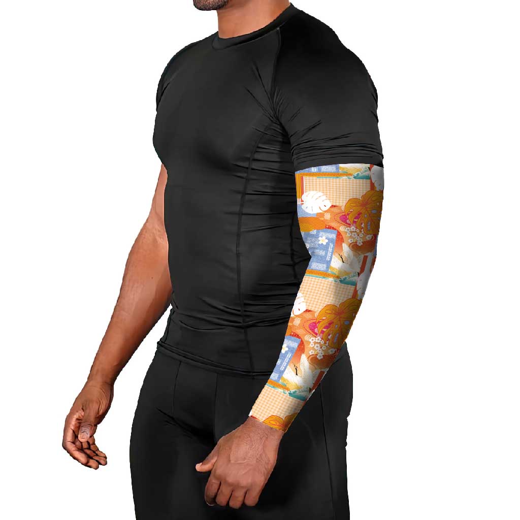 Hawaiian and Japanese Culture Together Arm Sleeves Palaka Japanese Art and Tropical Motif Tribal Patchwork