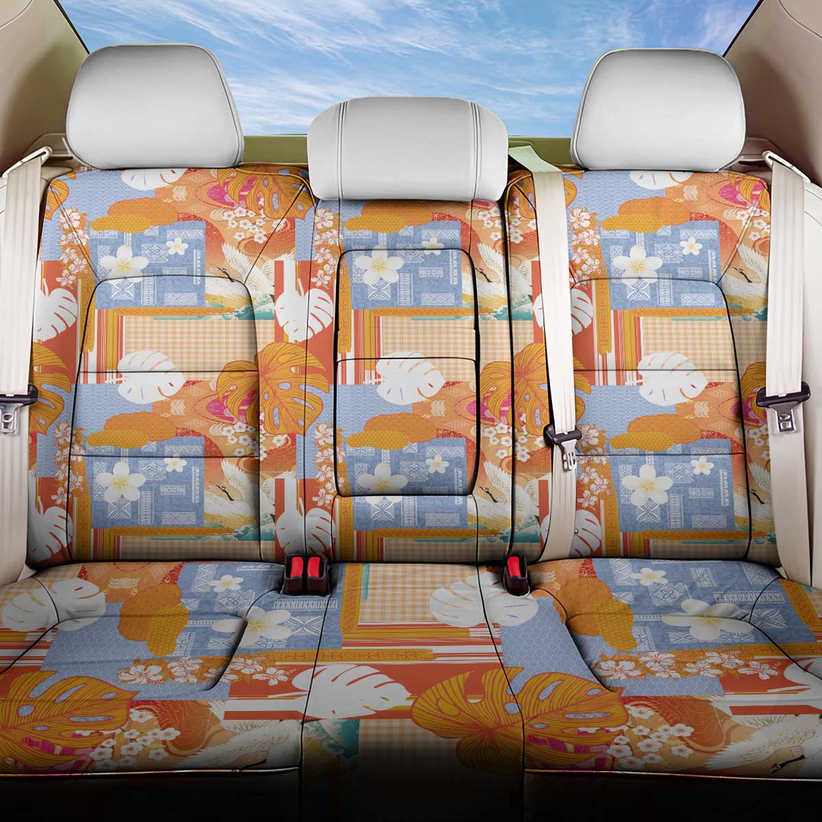 Hawaiian and Japanese Culture Together Back Car Seat Cover Palaka Japanese Art and Tropical Motif Tribal Patchwork