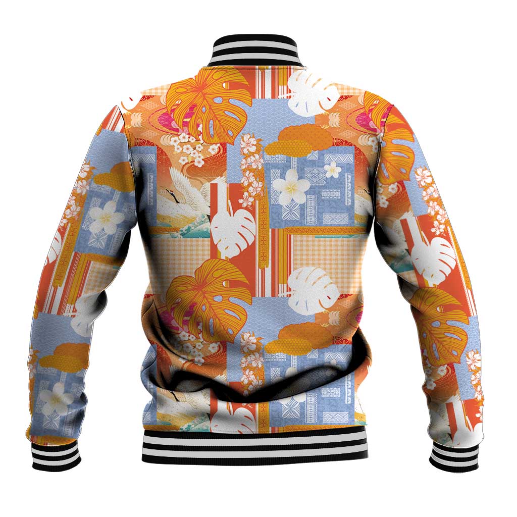 Hawaiian and Japanese Culture Together Baseball Jacket Palaka Japanese Art and Tropical Motif Tribal Patchwork