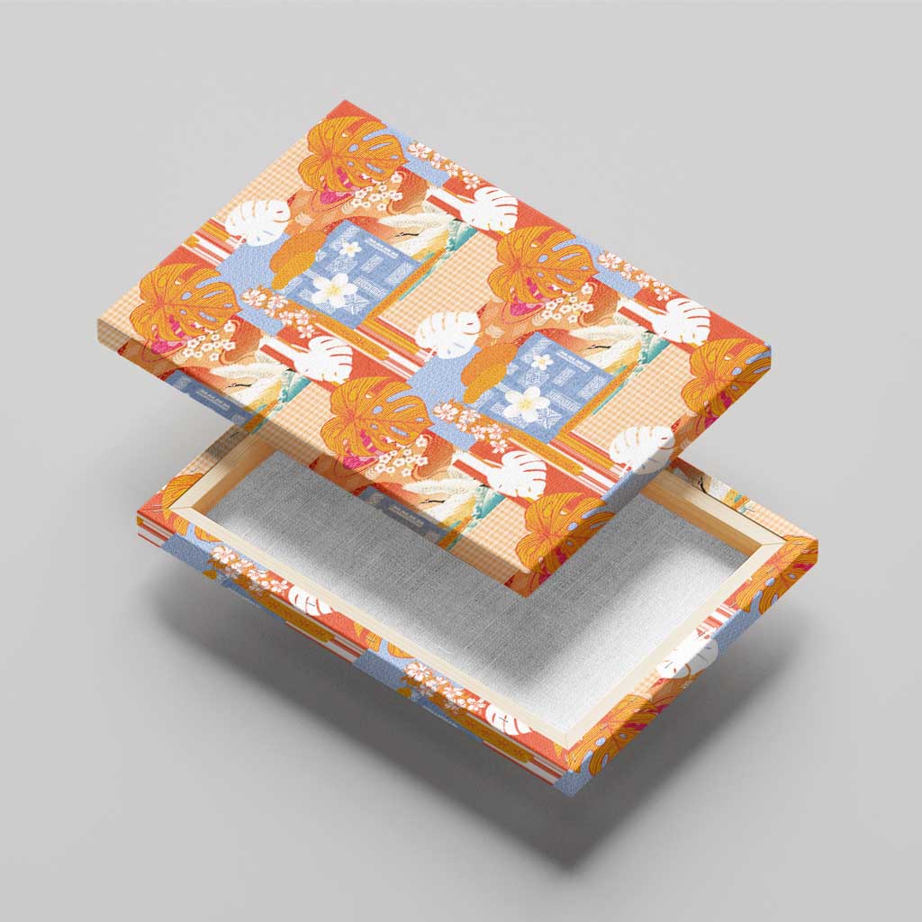 Hawaiian and Japanese Culture Together Canvas Wall Art Palaka Japanese Art and Tropical Motif Tribal Patchwork