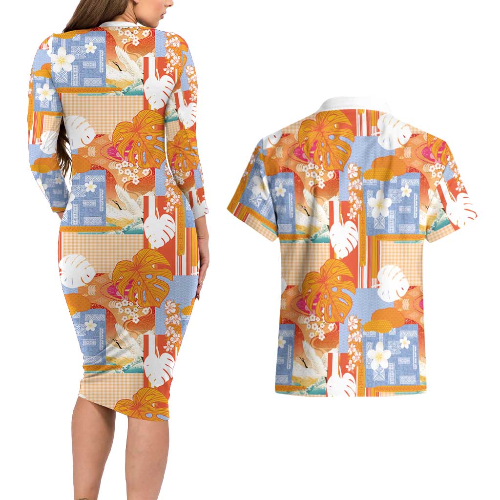 Hawaiian and Japanese Culture Together Couples Matching Long Sleeve Bodycon Dress and Hawaiian Shirt Palaka Japanese Art and Tropical Motif Tribal Patchwork