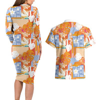 Hawaiian and Japanese Culture Together Couples Matching Long Sleeve Bodycon Dress and Hawaiian Shirt Palaka Japanese Art and Tropical Motif Tribal Patchwork