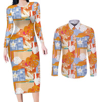 Hawaiian and Japanese Culture Together Couples Matching Long Sleeve Bodycon Dress and Long Sleeve Button Shirt Palaka Japanese Art and Tropical Motif Tribal Patchwork