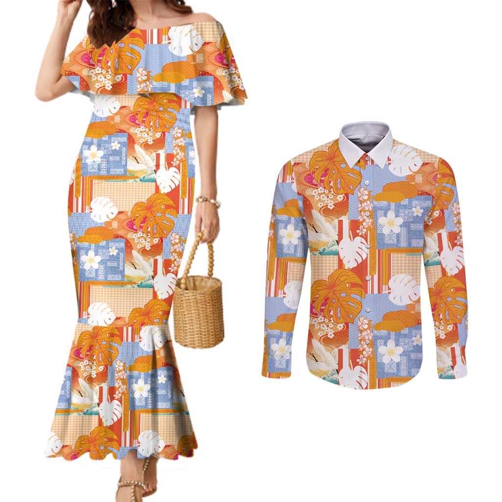 Hawaiian and Japanese Culture Together Couples Matching Mermaid Dress and Long Sleeve Button Shirt Palaka Japanese Art and Tropical Motif Tribal Patchwork